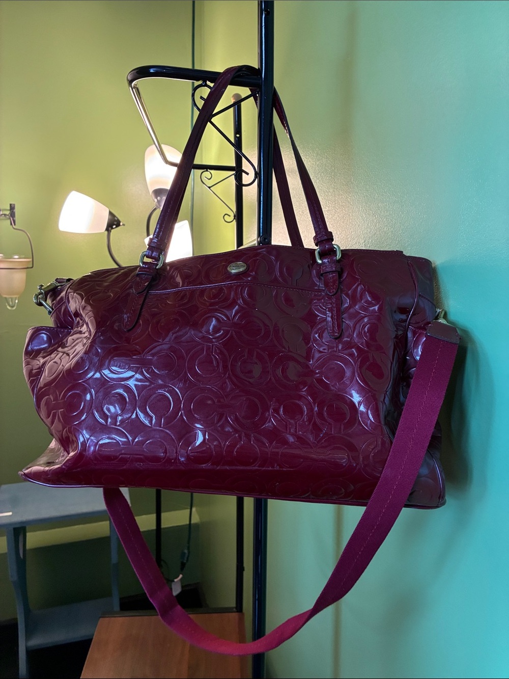 Coach Patent Leather Weekender Bag in Burgundy